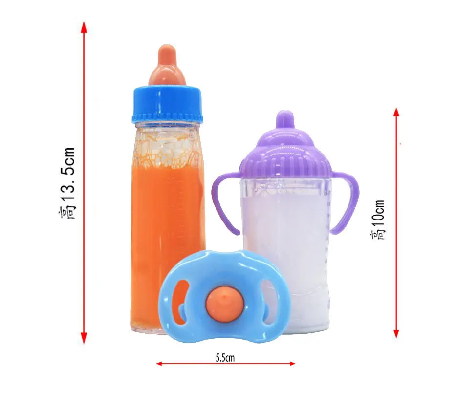 Large Size Baby Doll Feeding Bottle Set Baby Care Toy Stroller 2pcs Milk and Juice Bottles With Toy Pacifier for Baby Dolls