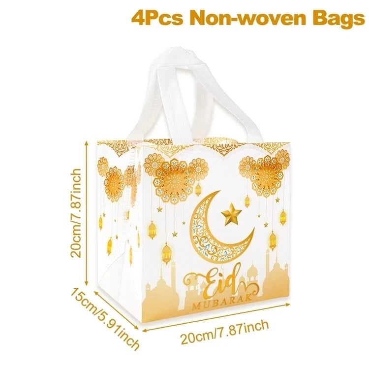 4Pcs Eid Mubarak Gift Bag Ramadan Decor 2024 Nonwoven Pouch Cookie Candy Packaging Bags Muslim Islamic Ramadan Kareem Supplies