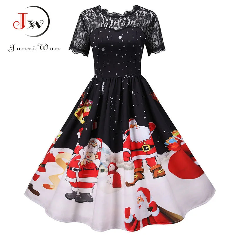 Lace Christmas Dress Women New Short Sleeve Print High Waist Elegant Vintage Winter Xmas Party Sundress 3XL Robe