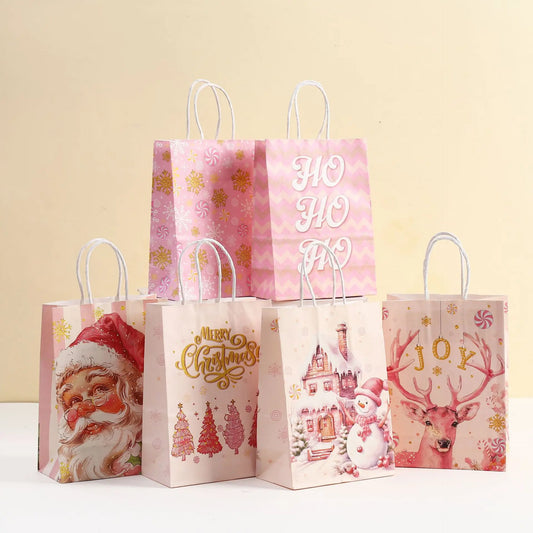 6Pcs Pink Christmas Theme Paper Gift Packing Bags Santa Claus Snowman Reindeer Candy Cookie Bag for Christmas Party Decoration