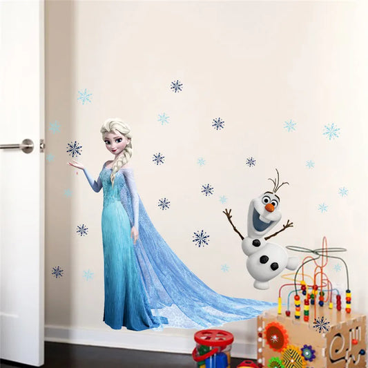 Lovely Olaf Elsa Queen Snowflakes Frozen Wall Sticker for Kids Room Decoration Cartoon Home Decals Anime Mural Art Movie Poster