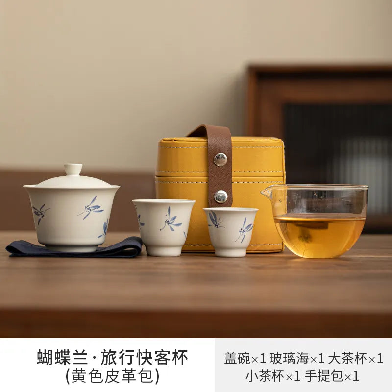 Hand Painted Butterfly Orchid Travel Kung Fu Tea Set Carrying Bag Bowl 2 Cups Kettle Gift Teacup Tea Set Ceramic Gaiwan Strainer