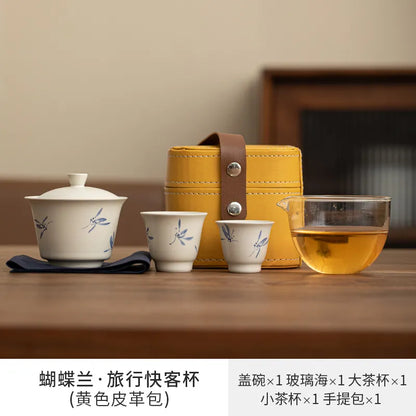 Hand Painted Butterfly Orchid Travel Kung Fu Tea Set Carrying Bag Bowl 2 Cups Kettle Gift Teacup Tea Set Ceramic Gaiwan Strainer