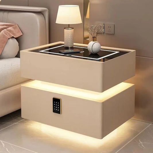 Modern Style Solid Wood Bedside Table With Wireless Charging Smart 2 Drawers Bedroom Nightstands With Lock 40cm