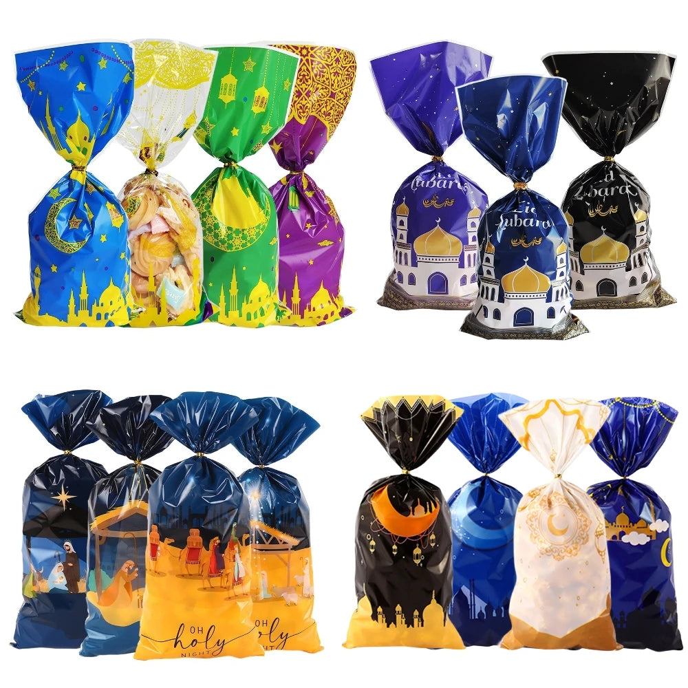 50pcs Eid Mubarak Gift Bags Plastic Candy Cookie Bag Ramadan Kareem Decoration 2024 Islamic Muslim Party Supplies Gift Packing