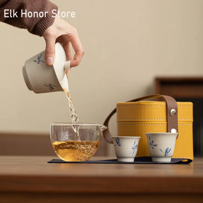 Hand Painted Butterfly Orchid Travel Kung Fu Tea Set Carrying Bag Bowl 2 Cups Kettle Gift Teacup Tea Set Ceramic Gaiwan Strainer