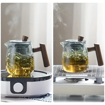 Glass Tea Pot With Wood Handle Chinese Heat-Resistant Glass Teapot Transparent Steaming Tea Glass Kettle Tea Set Infuser Tea