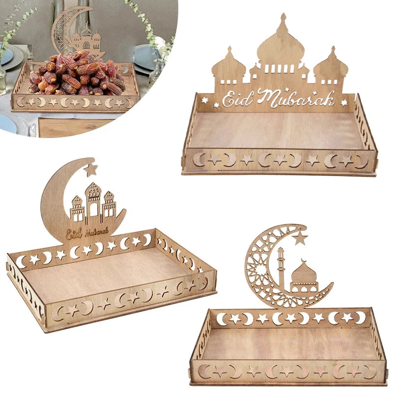 Wooden Eid Mubarak Food Tray Ramadan Decoration for Home Cake Display Islam Muslim Party Supplies 2024 Ramadan Kareem Eid Gifts