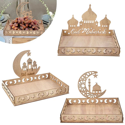 Wooden Eid Mubarak Food Tray Ramadan Decoration for Home Cake Display Islam Muslim Party Supplies 2024 Ramadan Kareem Eid Gifts