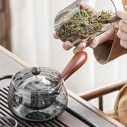 Japanese Style High Borosilicate Glass Teapot 17oz Loose Leaf Tea Pot Tea Steeper Wooden Handle Non Dripping Spout Kettle