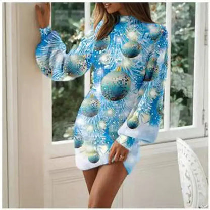 Vintage Christmas Printing Party Dress for Women Autumn Fashion Half High Collar Lantern Long Sleeve Dress Lady Bodycon Vestidos