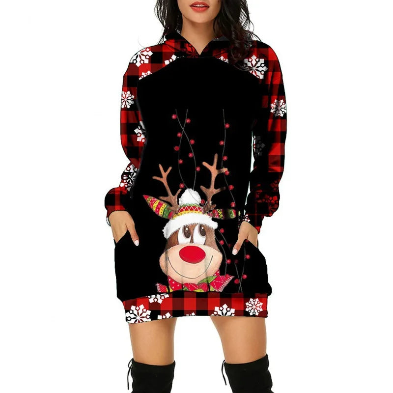Christmas Tree Print Women Party Knitted Hoodie Dress Women Evening Dress Autumn Fashion Loose Sexy Mini Festival Famale Clothes
