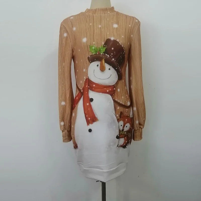 Vintage Christmas Printing Party Dress for Women Autumn Fashion Half High Collar Lantern Long Sleeve Dress Lady Bodycon Vestidos