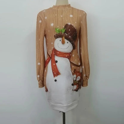 Vintage Christmas Printing Party Dress for Women Autumn Fashion Half High Collar Lantern Long Sleeve Dress Lady Bodycon Vestidos