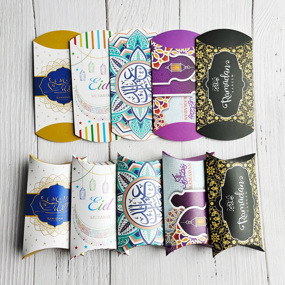 10pcs Eid Mubarak Gift Kraft Bag Box Pillow Candy Cookie Chocolate Paper Box Ramadan Kareem Decoration Party Supplies Kids Gift