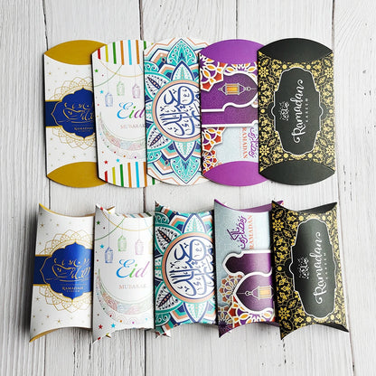 10pcs Eid Mubarak Gift Kraft Bag Box Pillow Candy Cookie Chocolate Paper Box Ramadan Kareem Decoration Party Supplies Kids Gift