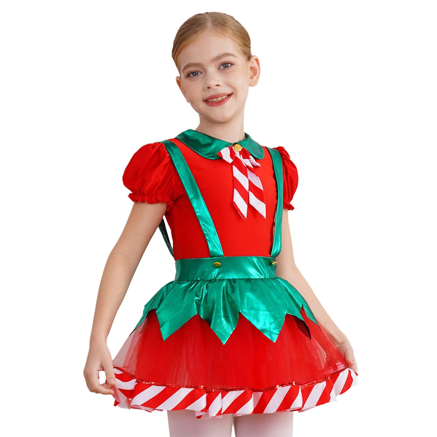 Kids Girls Christmas Elf Dance Costume Puff Sleeve Stripes Tutu Dress Ballet Skating Leotard for Xmas Festival Carnival Party