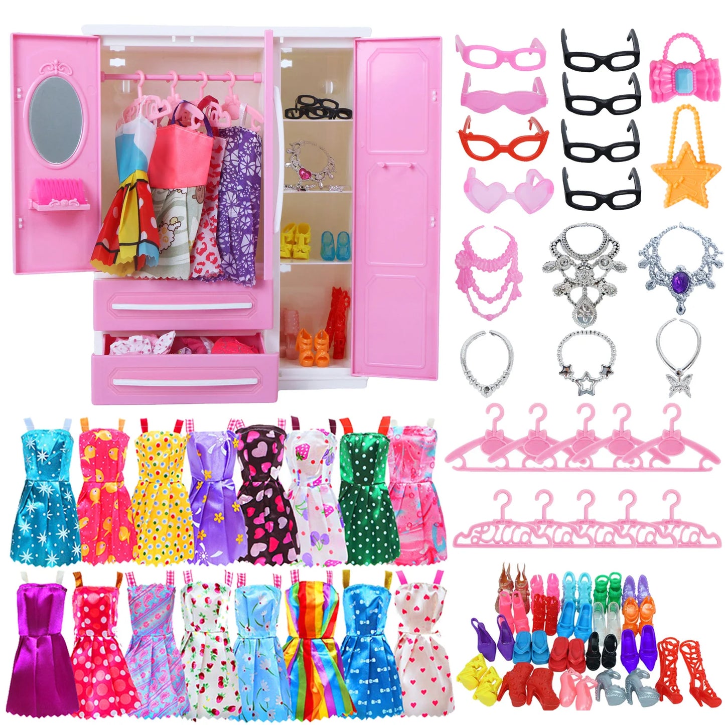 43 Pcs/Set Mix Style Doll Furniture Wardrobe Mini Dress Shoes Glasses Bag Hangers 40 Accessories for Barbie Doll Kids Gift Toys