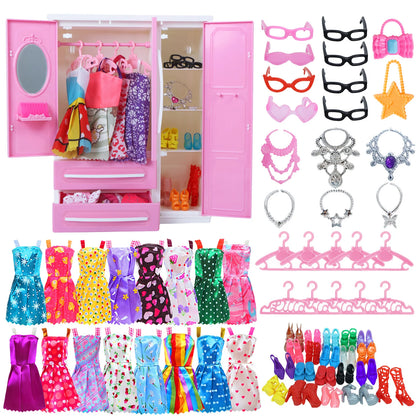 43 Pcs/Set Mix Style Doll Furniture Wardrobe Mini Dress Shoes Glasses Bag Hangers 40 Accessories for Barbie Doll Kids Gift Toys