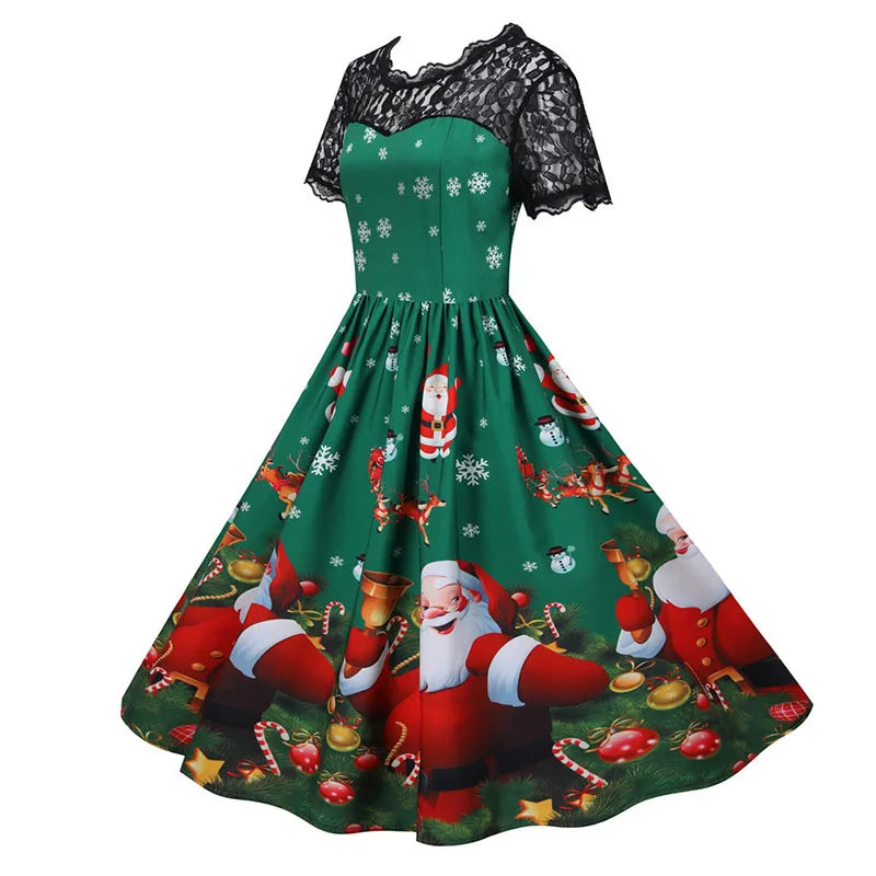 Lace Christmas Dress Women New Short Sleeve Print High Waist Elegant Vintage Winter Xmas Party Sundress 3XL Robe
