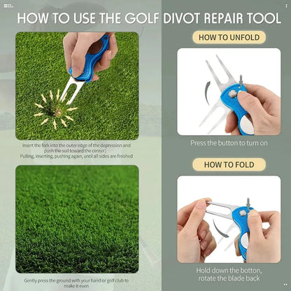 1pc Foldable Golf Divot Repair Tool With Golf Ball Tool Pitch Groove Cleaner Golf Accessories Putting Green Fork Training Aids