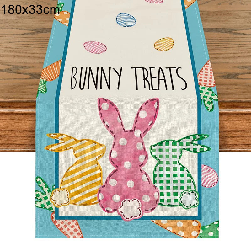Linen Easter Table Runner Cute Bunny Dining Table Cloth 2024 Spring Holiday Happy Easter Decoration for Home Party Supplies Gift