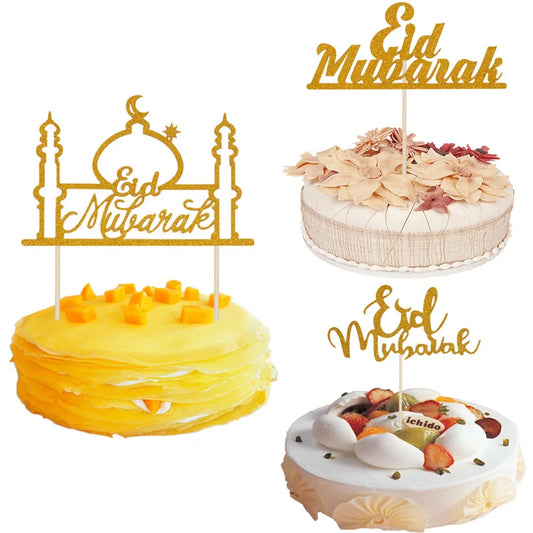 1PC Gold Sparkling Eid Mubarak Cake Topper Ramadan Cupcake Decor Ramadan Decoration 2024 Islamic Muslim Party Cake Decor