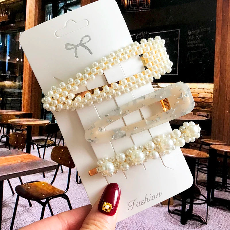Acrylic Barrettes Headwear Pearl Hair Clip Sets for Women Fashion Geometric Hairpins Hair Accessories Headdress Girl Bobby Clip