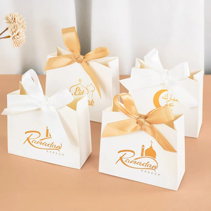 5/10pcs Eid Mubarak White Small Gift Bags With Bow Ribbon Ramadan Kareem Candy Cookie Favor Boxes Muslim Party Packaging Bags