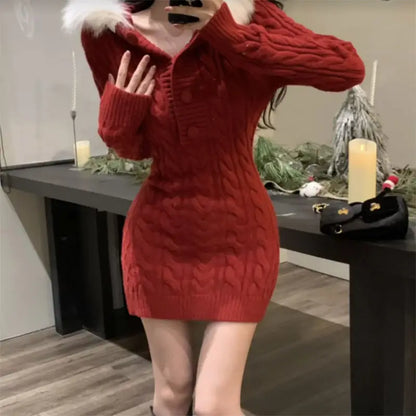 Winter New Christmas Stylish Waist Slimming Long Sleeve Hooded Knitted Red Dress Spicy Girl Sexy Wrap Hip Mini Dress for Women