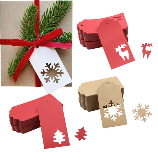 50PCS Chrismtas Kraft Paper Tags Hollow Red White Natural Snowflake/Deer Crafts Hanging Tag Christmas DIY Gift Wrapping Suppl