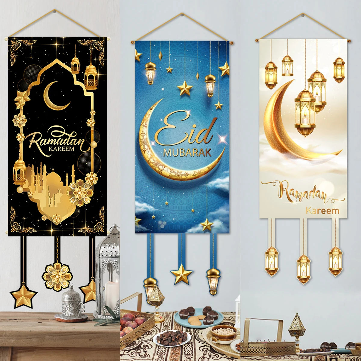 Eid Mubarak Decoration 2024 Hanging Flag Ramadan for Home Door Islamic Muslim Party Decor Ramadan Kareem Banner Eid Al-Fitr Gift