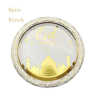 Hot Stamping Eid Mubarak Disposable Paper Plate Cup Napkin Islamic Muslim Eid Al Adha Home Party Decor Ramadan Kareem  Supplies