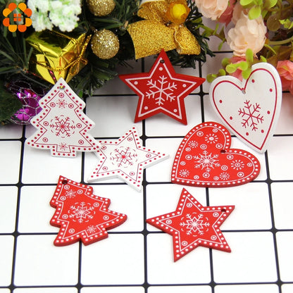 12pcs/Lot DIY White&Red Christmas Printed Wooden Pendants Ornaments for Kids Christmas Gifts Xmas Tree Ornaments Decorations
