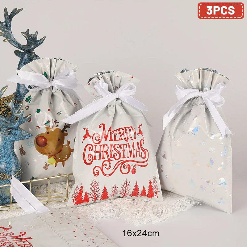 3/5Pcs Merry Christmas Drawstring Gift Bag New Year 2025 Large Candy Cookie Packaging Bag 2024 Navidad Christmas Home Decoration