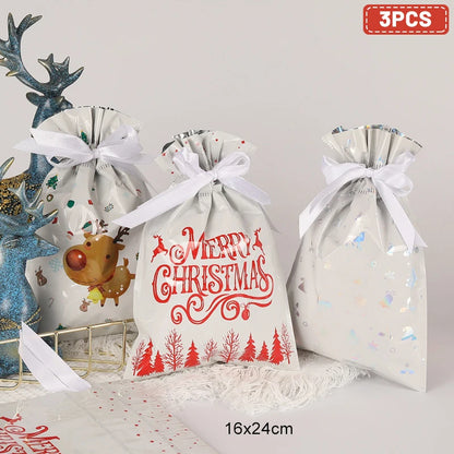 3/5Pcs Merry Christmas Drawstring Gift Bag New Year 2025 Large Candy Cookie Packaging Bag 2024 Navidad Christmas Home Decoration