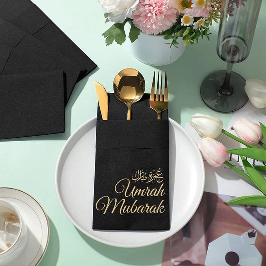 5pcs Black Arabic Umrah Mubarak Paper Napkins Cutlery Holders Muslim Islamic Ramadan Kareem Eid Dinner Table Decoration Gift