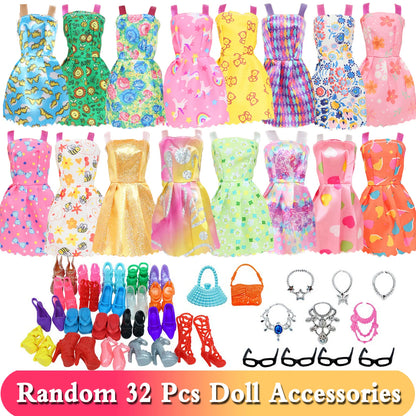 32 Item/Set Doll Accessories=10 Mix Fashion Cute Dress+ 4 Glasses+ 6 Necklaces+2 Handbag+ 10 Shoes Dress Clothes for Barbie Doll