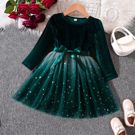 Green Christmas Dress for Girls Winter Sequin Mesh  Tutu Long Sleeve Princess Dresses Birthday Party Costume for Kids 3-8 Years