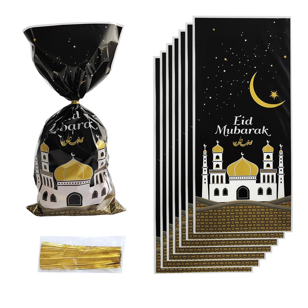 50pcs Eid Mubarak Gift Bags Plastic Candy Cookie Bag Ramadan Kareem Decoration 2024 Islamic Muslim Party Supplies Gift Packing