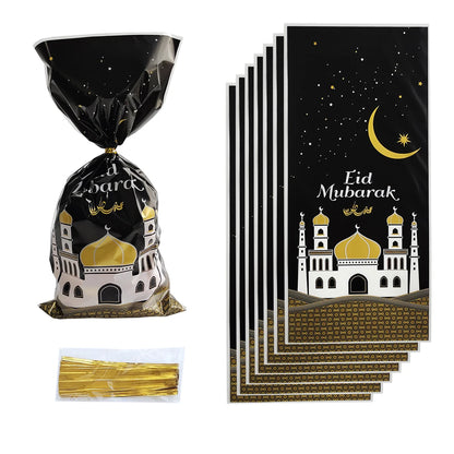 50pcs Eid Mubarak Gift Bags Plastic Candy Cookie Bag Ramadan Kareem Decoration 2024 Islamic Muslim Party Supplies Gift Packing
