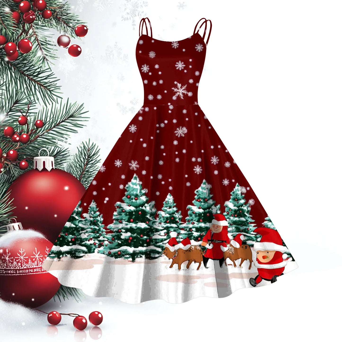 Women Christmas Print Vintage Dresses Slim Fit Sleeveless 1950s Evening Party Prom Dress Plus Size Evening Large Swing Dress