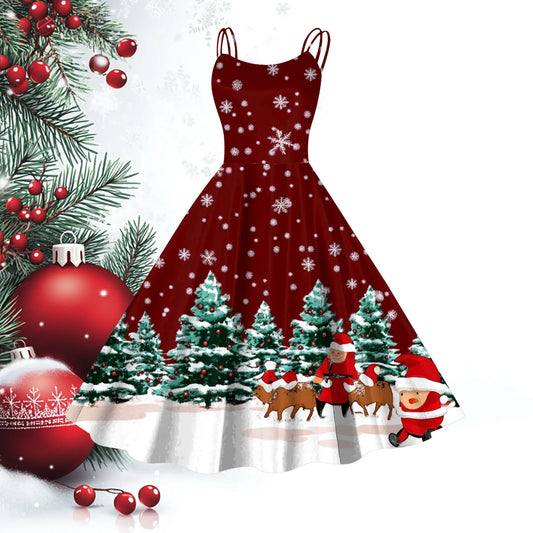 Women Christmas Print Vintage Dresses Slim Fit Sleeveless 1950s Evening Party Prom Dress Plus Size Evening Large Swing Dress