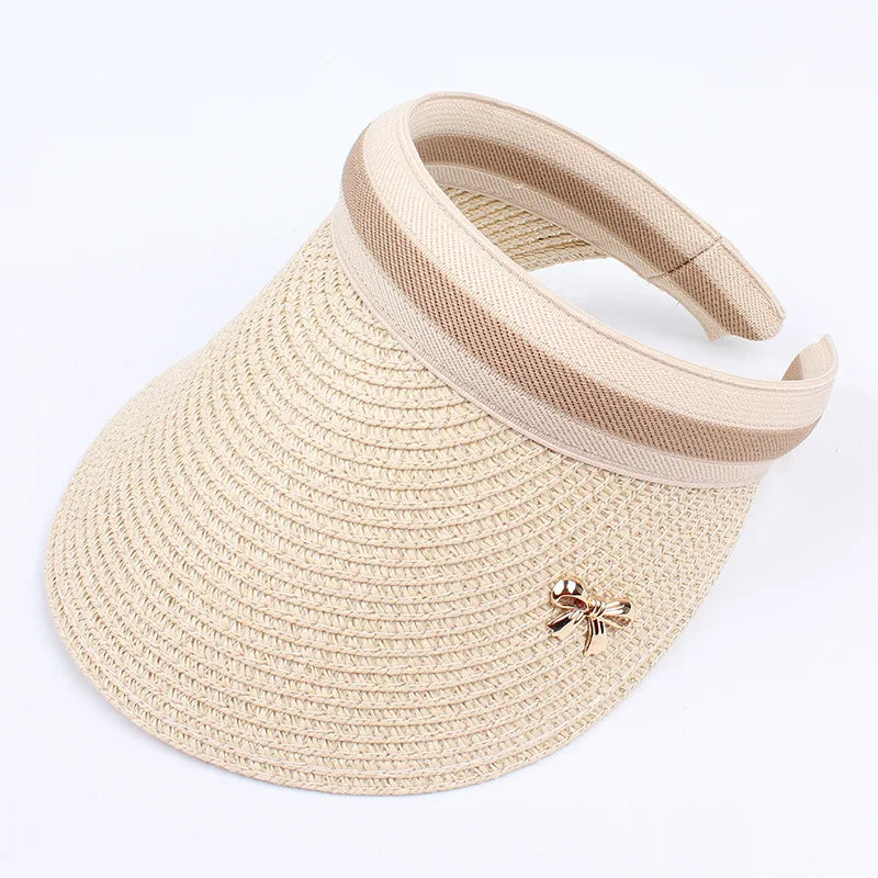 Adult Child Woman's Sun Visor Hats Female Bowknot Visor Caps Hand Made DIY Straw Summer Cap Casual Empty Top Hat Beach