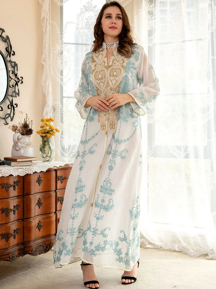 Islamic Embroidery White Jalabiya Imitation Linen Arabic Dress Women Arabian Moroccan Kaftan Party Wedding Abaya Ramadan Eid