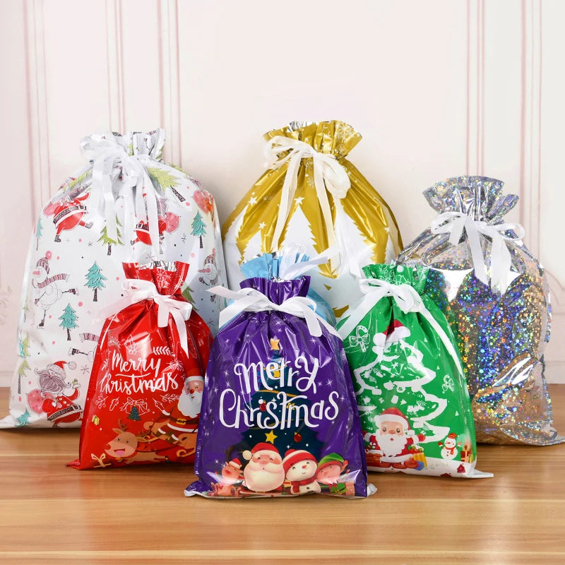 3/5Pcs Merry Christmas Drawstring Gift Bag New Year 2025 Large Candy Cookie Packaging Bag 2024 Navidad Christmas Home Decoration