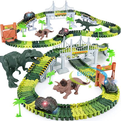 156pcs Dinosaur Railway Car Track Toy Set DIY Assemble Road Race Set With Flexible Track Dinosaur Toys Bridge Ramps Toys for Kid