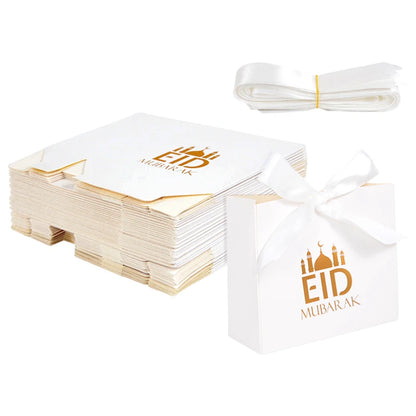 5/10pcs Eid Mubarak White Small Gift Bags With Bow Ribbon Ramadan Kareem Candy Cookie Favor Boxes Muslim Party Packaging Bags