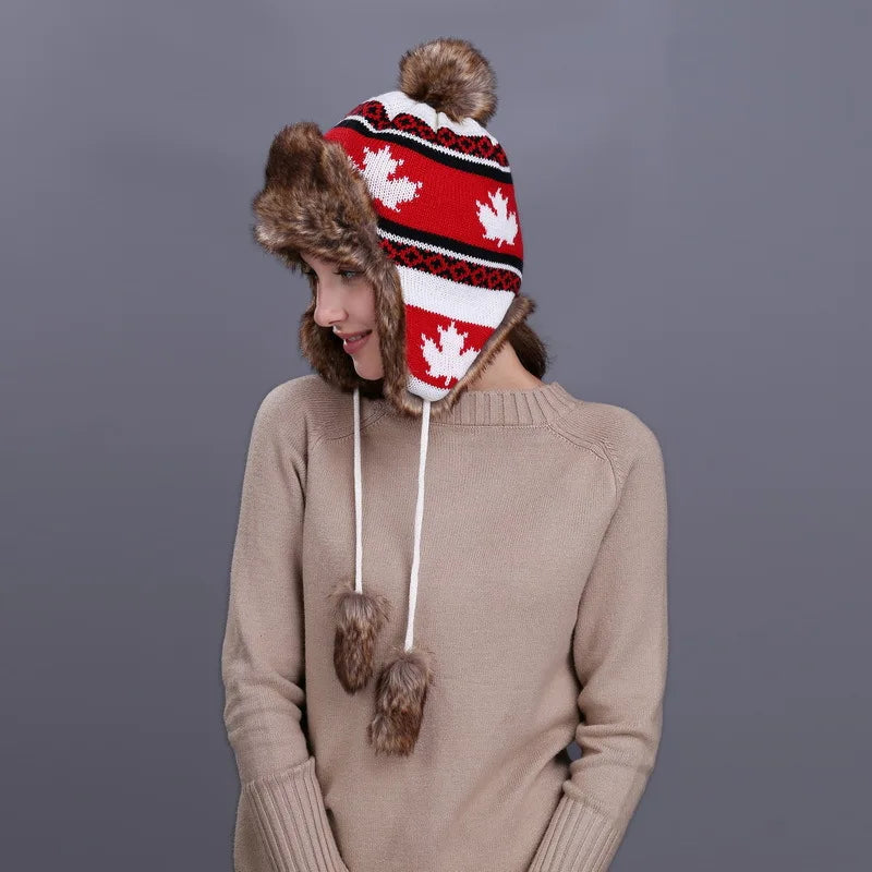 BUTTERMERE Red Russian Ushanka Hat Female Winter Warm Earflaps Fur Bomber Hats Caps Women Maple Leaf Christmas Beanies Pompom