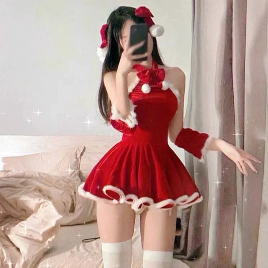 Christmas Sexy Dress Red Lace-Ups Slim Winter Sexy Slim Cute Red Dresses Patchwork Bow Christmas Sweet Dress